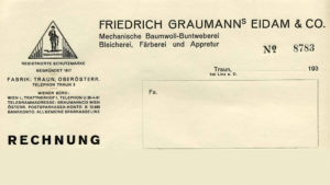 Vordruck für Rechnungen in den 1930-er Jahren. Während in Wien die Telefonnummern schon fünfstellig waren, hatte Graumann in Traun eine schlichte „3“. Später wurde daraus „303“, „3000“, in den 1990-er Jahren „73000“ und mobil „7300000“.